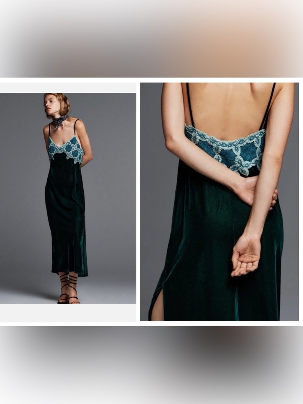Zara Velvet Crochet Maxi Dress Sz S Green Whimsigoth Dark Fairy Witchy Vampy